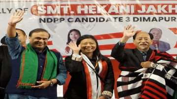 Assam CM Himanta Biswa Sarma, and Nagaland CM Neiphiu Rio while campaigning for Hekani Jakhalu.
