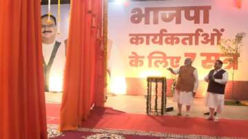 PM Modi inaugurates new building inside BJP headquarters in New Delhi.