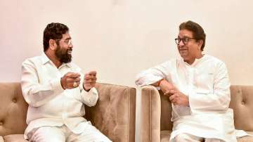 Maharashtra Chief Minister Eknath Shinde with Maharashtra Navnirman Sena President Raj Thackeray at his residence in Mumbai.