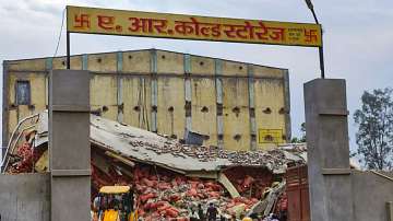 Rescue work underway after the roof of a cold storage collapsed in Chandausi area of Sambhal district in Uttar Pradesh.