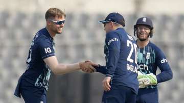 Will Jacks, Jason Roy and Jos Buttler gather to celebrate a wicket.
