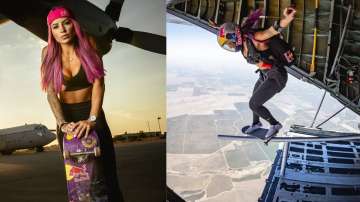 Skateboarder achieves highest grind on a flying plane