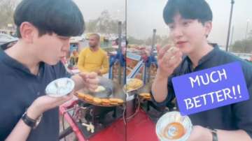 Korean boy tries pani puri