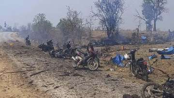 Aftermath of an airstrike in Pazigyi village in Sagaing Region's Kanbalu Township