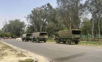 Military vehicles parked inside the Bathinda base