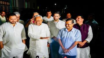 Delhi Chief Minister Arvind Kejriwal with Bihar Chief Minister Nitish Kumar and Bihar Deputy Chief Minister Tejashwi Yadav in New Delhi