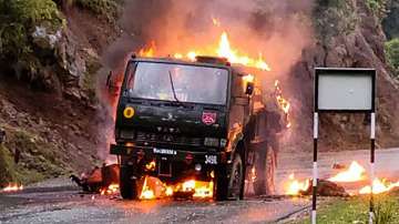 An army vehicle in flames after a terror attack in Mendhar in Poonch district, Thursday, April 20, 2023. Five soldiers died and another was seriously injured.