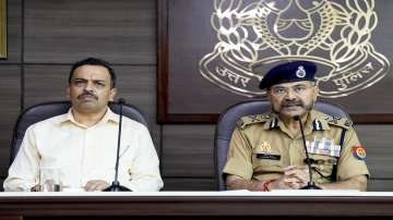 Special DG (Law and Order) Prashant Kumar with ADG STF Amitabh Yash addresses a press conference regarding encounter of jailed mafia Atiq Ahmeds son Asad and a shooter Ghulam, accused in Umesh Pal murder case, at UP Police Headquarters in Lucknow