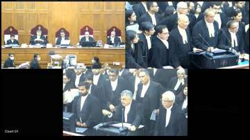 A Constitution bench headed by Chief Justice of India (CJI) Dhananjaya Y Chandrachud and also comprising Justices Sanjay Kishan Kaul, S Ravindra Bhat, PS Narasimha and Hima Kohli amid a hearing of a batch of petitions demanding legal validation for same-sex marriages, at the Supreme Court