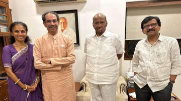 Shiv Sena (Uddhav Balasaheb Thackeray) leaders Uddhav Thackeray and Sanjay Raut meet Nationalist Congress Party (NCP) Chief Sharad Pawar at the latters residence, in Mumbai (File photo)