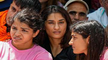 Wrestlers Vinesh Phogat, Sakshi Malik and Sangita Phogat during their protest at Jantar Mantar, in New Delhi