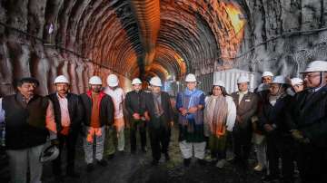 Union Minister for Road Transport & Highways Nitin Gadkari with J&K Lt. Governor Manoj Sinha inspects the construction work of Zojila Tunnel at Baltal area in Ganderbal district in J&K.