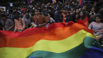 Members of the LGBTQ community and their supporters display a rainbow flag during the annual Delhi Queer Pride parade in New Delhi