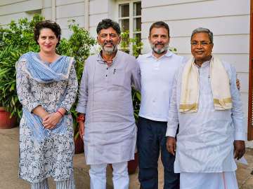 Karnataka CM-designate Siddaramaiah and Deputy CM-designate D.K. Shivakumar meet Congress leaders Rahul Gandhi and Priyanka Gandhi in New Delhi