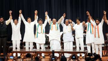 Congress President Mallikarjun Kharge with senior party leaders Randeep Singh Surjewala, Siddaramaiah, DK Shivakumar and KC Venugopal during celebrations after the partys win in Karnataka Assembly elections, in Bengaluru