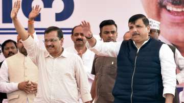 Delhi Chief Minister and AAP convener Arvind Kejriwal and AAPs UP In-charge Sanjay Singh.
