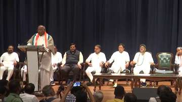 Congress national president Mallikarjun Kharge addresses Karnataka unit leaders after party's victory in assembly elections