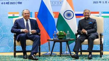 External Affairs Minister S Jaishankar interacts with Russian counterpart Sergey Lavrov during a meeting on the sidelines of the SCO Foreign Ministers’ Meeting, in Panaji.