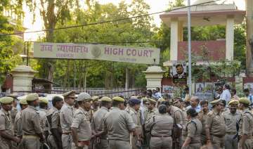Police personnel deployed outside Lucknow District Court after gangster Sanjeev Jeeva was shot dead on the court premises