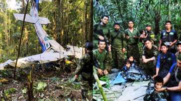 Soldiers and Indigenous men pose for a photo with the four Indigenous children who were missing after a deadly plane crash, in the Solano jungle.