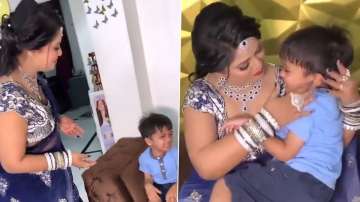 Little boy cries after his mom gets makeup done