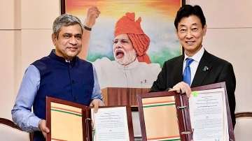 Union Minister for Communications, Electronics & Information Technology Ashwini Vaishnaw signs an agreement with Japans Minister of Economy, Trade and Industry Yasutoshi Nishimura to develop the semiconductor ecosystem including research and manufacturing, in New Delhi.