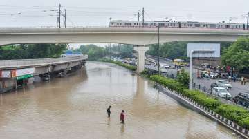 A flooded road near ISBT as the swollen Yamuna river floods low-lying areas, in New Delhi.