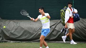 Novak Djokovic and Carlos Alcaraz during Wimbledon 2023 practice