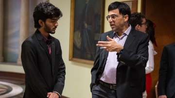 Dommaraju Gukesh and Viswanathan Anand during 2023 SuperUnited Rapid and Blitz chess tournament