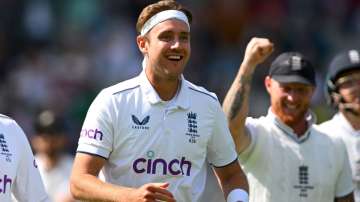 Stuart Broad celebrating Travis Head's wicket