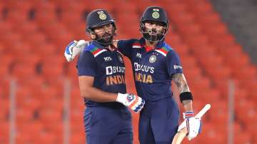 Virat Kohli and Rohit Sharma batting together in a T20I against England at Narendra Modi