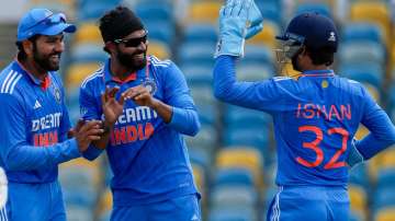Indian players celebrating wicket at Kensington Oval on July 27, 2023