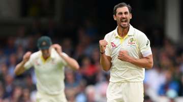 Mitchell Starc celebrates Harry Brook's wicket on Day 1