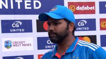 Rohit Sharma during the post-match presentation on July 27, 2023