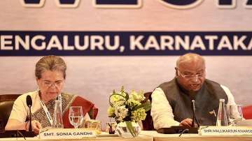 Congress President Mallikarjun Kharge and Sonia Gandhi during opposition parties meet, in Bengaluru.