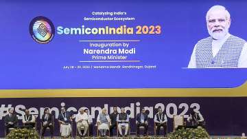 Prime Minister Narendra Modi with Union Minister for Communications and Electronics & Information Technology Ashwini Vaishnaw, other dignitaries during the Semicon India Conference 2023, in Gandhinagar.