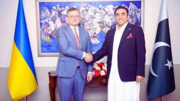 Pakistan Foreign Minister Bilawal Bhutto-Zardari greets Foreign Minister of Ukraine Dmytro Kuleba at the Ministry of Foreign Affairs in Islamabad 