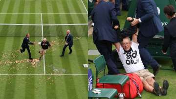 A Just Stop Oil protester was dragged off the court after he invaded the women's singles Wimbledon match using orange confetti and a jigsaw puzzle 