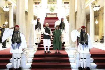 Greek President Katerina Sakellaropoulou with PM Modi in Athens