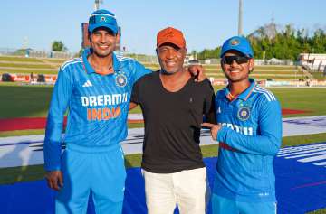 Brian Lara with Indian players Shubman Gill and Ishan Kishan after the 3rd ODI on August 1