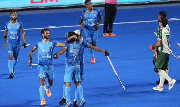 Indian players celebrating the team's fourth goal against Pakistan at Chennai's Mayor Radhakrishnan Stadium on August 9