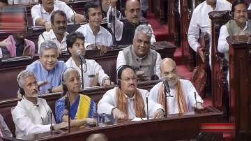 Home Minister Amit Shah along with other BJP MPs in Rajya Sabha during debate on Delhi Services Bill