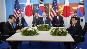 US President Joe Biden with his South Korean counterpart Yoon Suk Yeol and Japan PM Fumio Kishida
