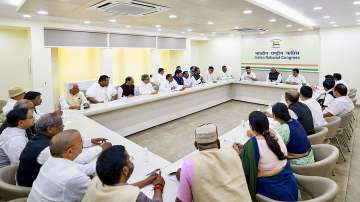 Congress President Mallikarjun Kharge and party leader Rahul Gandhi during a party meeting