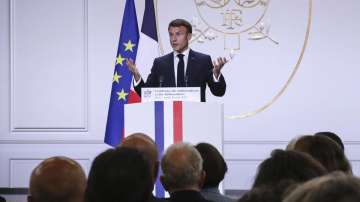France President Emmanuel Macron addressing a gathering of French envoys in Paris