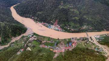 An aerial view of flood-affected areas, in Rishikesh