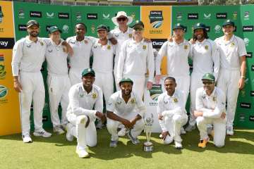 South African players posing with trophy after beating West Indies in Test series at home