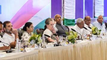 I.N.D.I.A. bloc leaders during a meeting on Opposition's unity ahead of next year's Lok Sabha elections 
