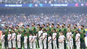Pakistan team lined up for its national anthem during T20 World Cup 2023