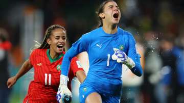 Khadija Er-Rmichi and Fatima Tagnaout of Morocco celebrating win over Colombia